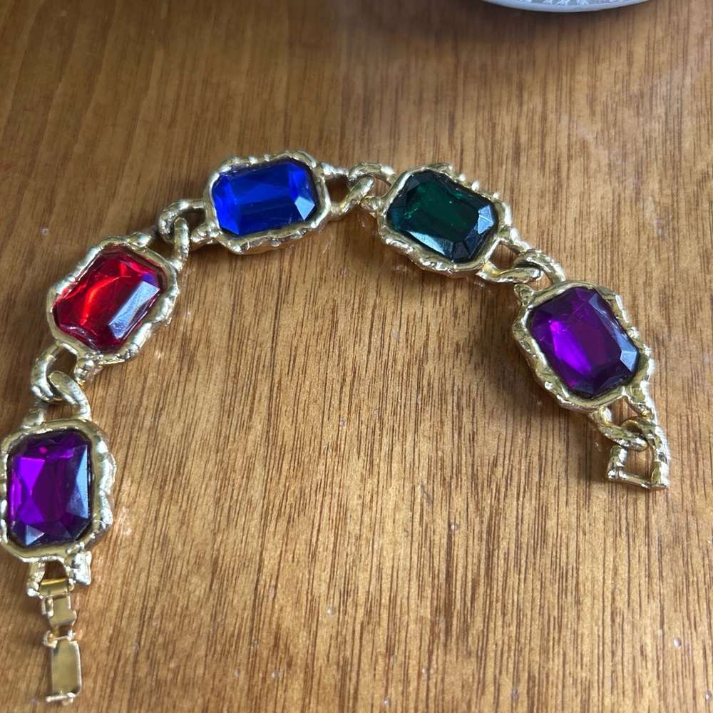 Vintage Gold-Tone Multicolor Glass Stone Link Bracelet - Picture 3 of 4